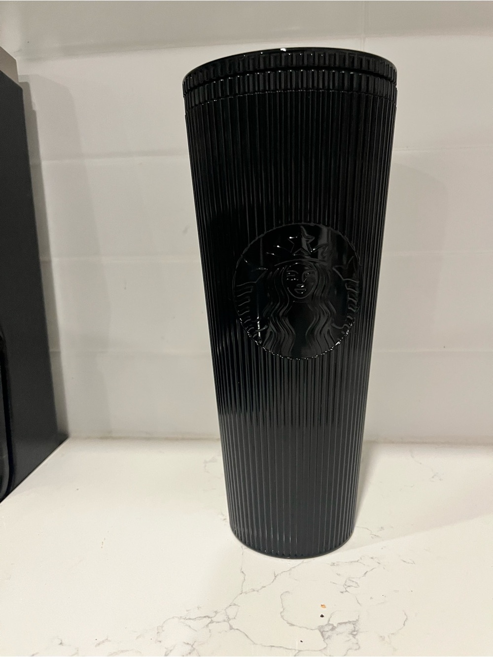 Starbucks Black Ribbed Travel Tumbler with Embossed Siren